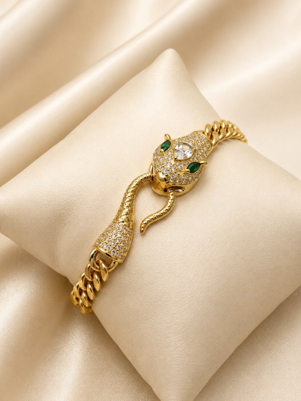 Luxury Snake Cuban Link Bracelet-14K Gold Plated-Green CZ Serpentine Clasp- NEW